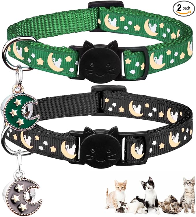 Baeuppit 2Pcs Breakaway Cats Collars Cat Collars for Boy & Girl Cats Adjustable Kitten Collars with Bell,Black+Emerald
