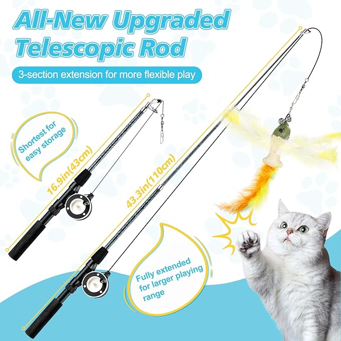 Pawaboo Cat Feather Toys, 4 Pack Interactive Cat Feather Teaser Wand Toys, Retractable Fishing Pole Wand Catcher Exerciser with Refill Fish, Dragonfly Worm with Bells, Blue Yellow Green