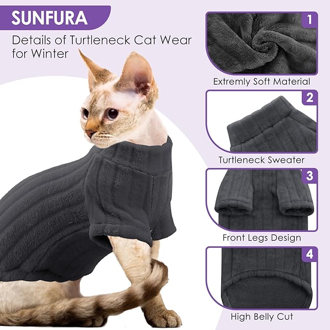 Sweaters for Cats, Hairless Sphynx Sweater Kitten Pullover with Sleeves, Warm and Soft Cat Pajamas Fleece Sweatshirt Jumpsuit, Turtleneck Clothes for Fall Winter, Grey S