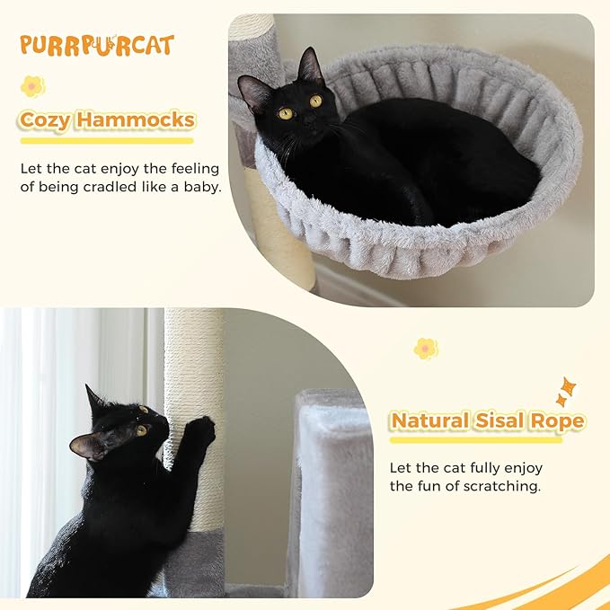 74.8" Extra Tall Cat Tree with Anti-Toppling Kit, Stable Multi-Level Cat Tower with Dual Condos, Sisal Scratching Posts & Deep Hammock, Large Cat Furniture for Multi-Cat Household, Grey