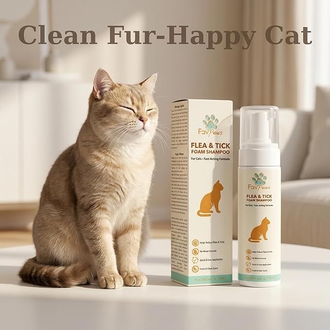 Flea & Tick Cat Waterless Foam Shampoo – No Rinse Grooming Formula – Gentle Care Coat Cleansing – Fresh Clean Scent – Dry Shampoo for Cats and Kittens -200 ml (6.7 fl oz)