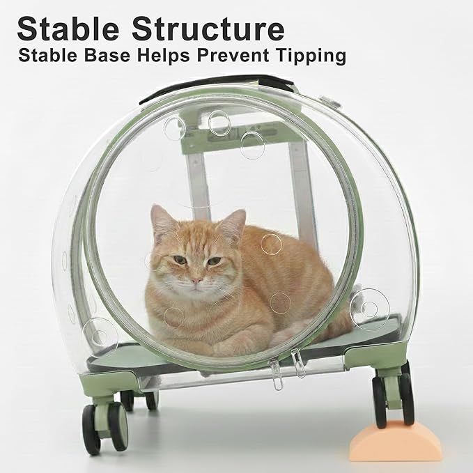 Hard Shell Cat Carrier with Wheels, Rolling Cat Travel Carrier with Telescoping Handle, Transparent Pet Carrier for Cats (Green)
