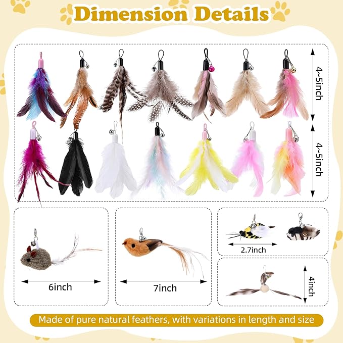 Leitee 30 Pcs Cat Toy Refills Cat Feather Wand Replacement Simulation Bird Insect Mice Toys for Interactive Indoor Outdoor Kitten
