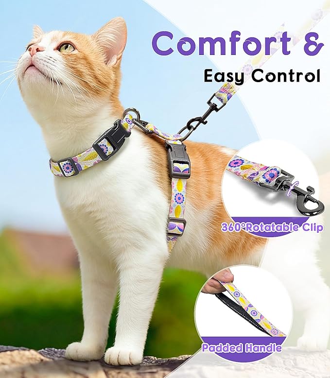 Halypet Cat Harness and Leash Set, Escape Proof 3-in-1 Adjustable Harness for Cats & Kitten, Soft Lightweight, Easy On & Control for Walking, Travel & Outdoor Use, Pastel Floral, Small