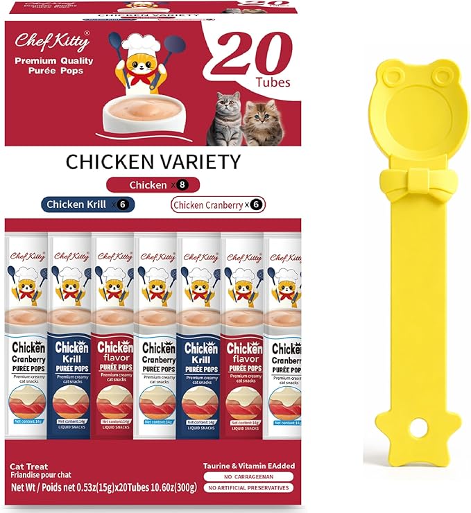 Purée Pops + Yellow Feeding Spoon, Grain-Free, Lickable, Squeezable Creamy Cat Treat/Topper, 20 Tubes, Chicken Mix Variety