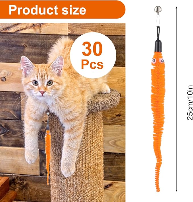 30 PCS Fuzzy Worm Cat Toy,Colorful Cat Worm Toy Refills,Interactive Cats Wand Attachments Replacements for Indoor Cats Kitten(Multi Colored)