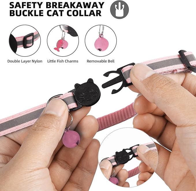 Airtag Cat Collar, Air tag Cat Collar with Bell and Safety Buckle in 3/8" Width, Reflective Collar with Waterproof Airtag Holder Compatible with Apple Airtag for Cat Dog Kitten Puppy (Black+Pink)