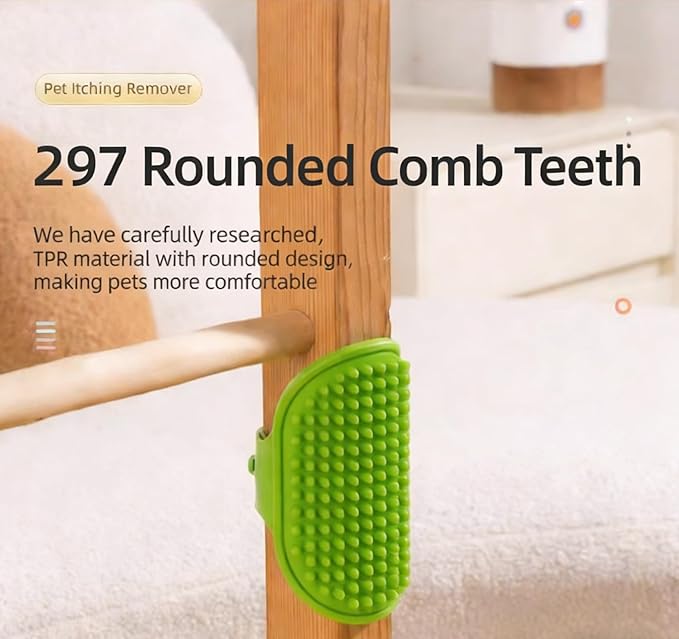 5-Pack Cat Self Groomer Brush with Adjustable Strap, Soft TPR Massage Grooming Pad with 297 Rounded Teeth, Fits 1.38-2.17in (35-55mm) Posts, Easy to Clean, Green
