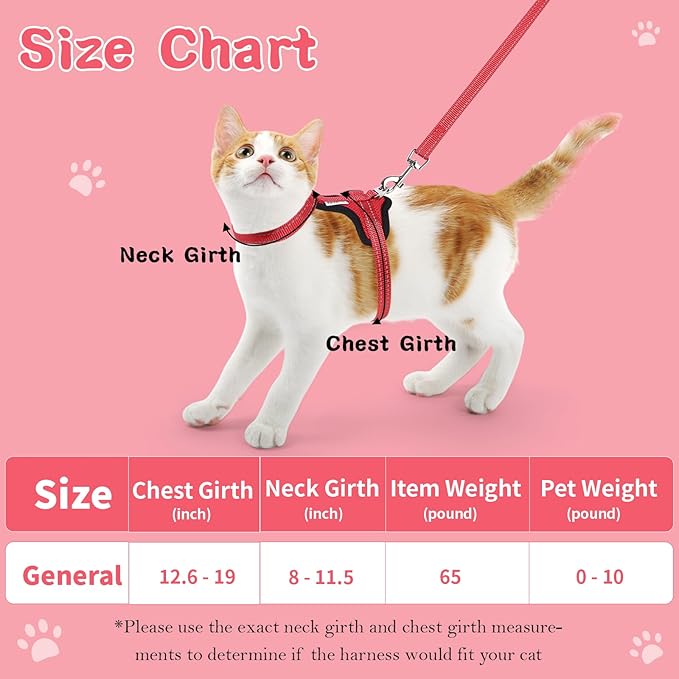 Cat Harness and Leash Set for Walking,Adjustable Escape Proof Kitten Harness and Leash with Reflective Strips,Easy to Wear Soft Breathable Harness for Cats Puppy Bunny Dogs Red