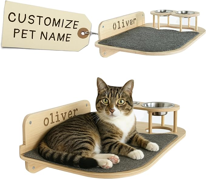 Personalized Cat Shelves, Wood Wall Mounted Furniture, Feeding Shelf with 2 Food Bowls, Large Perch Wooden Toy Bed for Playing Sleeping Scratching, Your Cat Gifts