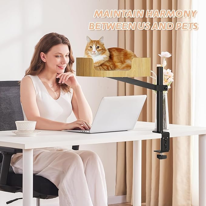 15in Cat Desk Bed -Elevated Desk Nest Cats Beds for Table, 360° Rotation & Height Adjustment, Supports 25 Lbs for Home Office, Living Room Relaxation Or Pet Store Displays.