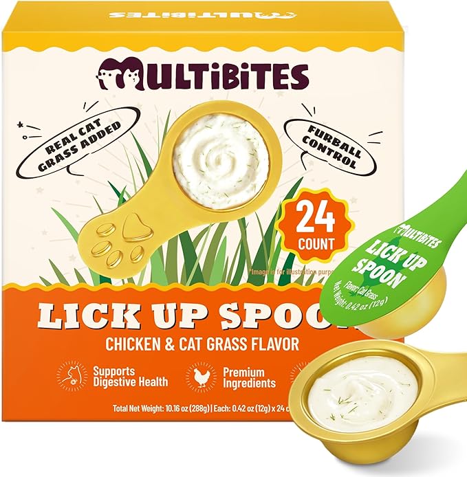 Lickable Cat Grass Treats with Lick-Up Spoons, Healthy Cat Grass Wet Cat Snacks for Hairball Control, Grain-Free Kitten Treats with Taurine, Vitamins&70% Real Chicken, 10.16 oz (24 Spoons)