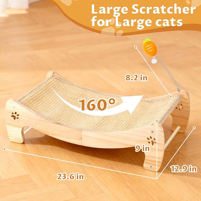Cat Scratcher Bed with Interactive Carrot Toy - 3-in-1 Wooden Sisal Scratching Pad, Hammock Lounge & Play Center for Indoor Cats - Furniture Protector, Solid Wood Frame (Large)