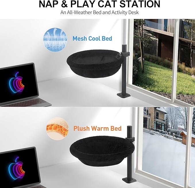 Cat Desk Bed, Heavy Duty Steel Clamp-On Various Desktops, Machine Washable Reversible Cat Beds for Large & Kitten, 360° Rotating Height Adjustable, Indoor Cats Nest Furniture Supports 45lbs, Black