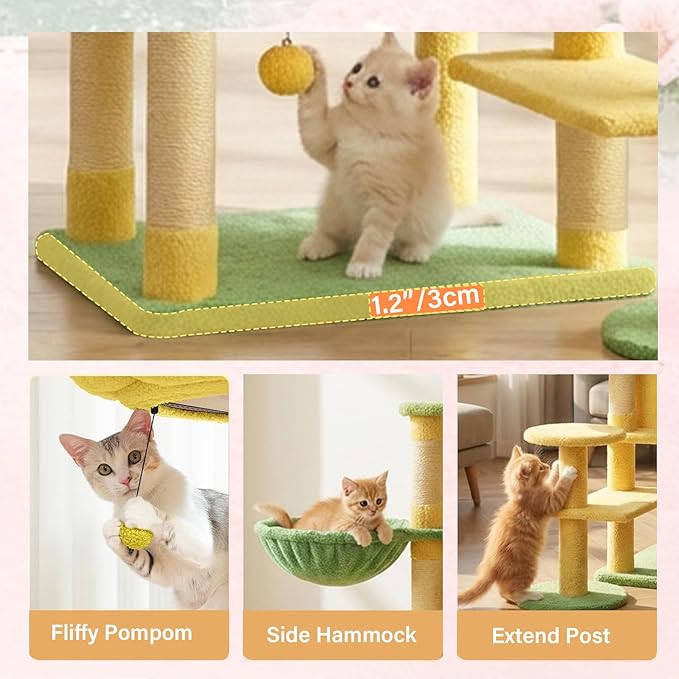 Flower Cat Tree 56 Inches，Large Cat Tower with Detachable Flower Cushions and Hiding Condo, Yellow Cat Tree with Hammock Bed, Interactive Toys and Scratching Posts for Indoor Cats