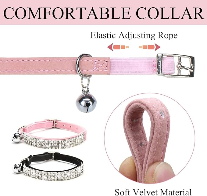 BINGPET 2 Pack Diamond Cat Collar with Bell, Adjustable Soft Velvet Bling Rhinestone Cat Collar, Sparkly Kitten Collar with Metal Buckle and Safety Elastic for Small Medium Cats, Pink & Black