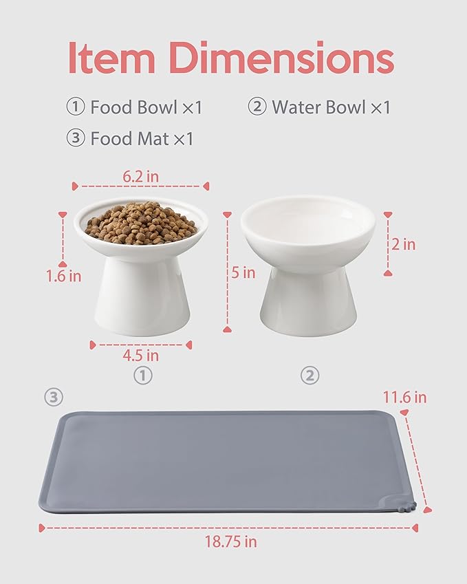 CEEFU 2 Elevated Ceramic Cat Bowls Upgraded with Food Mat, Extra Wide for Food & Water – Whisker Fatigue Shallow Food Dish, Lead & Cadmium-Free, Raised Height for Cats, White