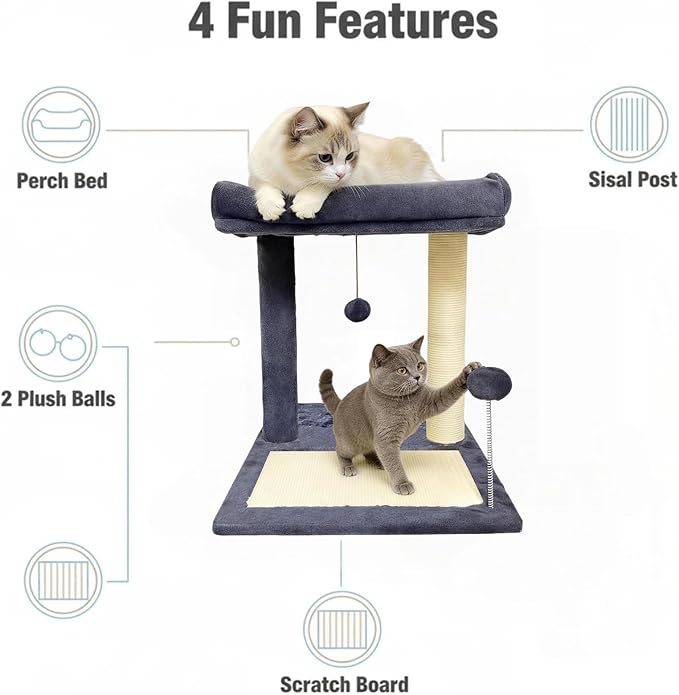 Cat Scratching Post, 19.69" H(50cm) Cat Tree with Cat Bed, Scratching Posts for Indoor Cats with Two Plush Balls Toy, Small Cat Tree for Kittens/Cats Playing and Relaxing (20 in Grey Cat Tree)