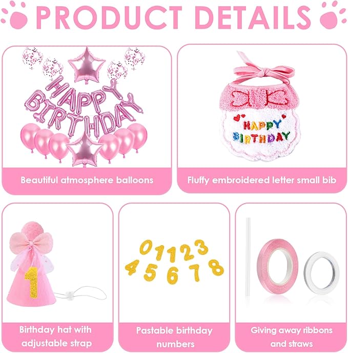 Birthday Hat for Cat with Bandana, Cute Kitten Outfit and Celebration Accessories, Cat Birthday Party Supplies (Pink)
