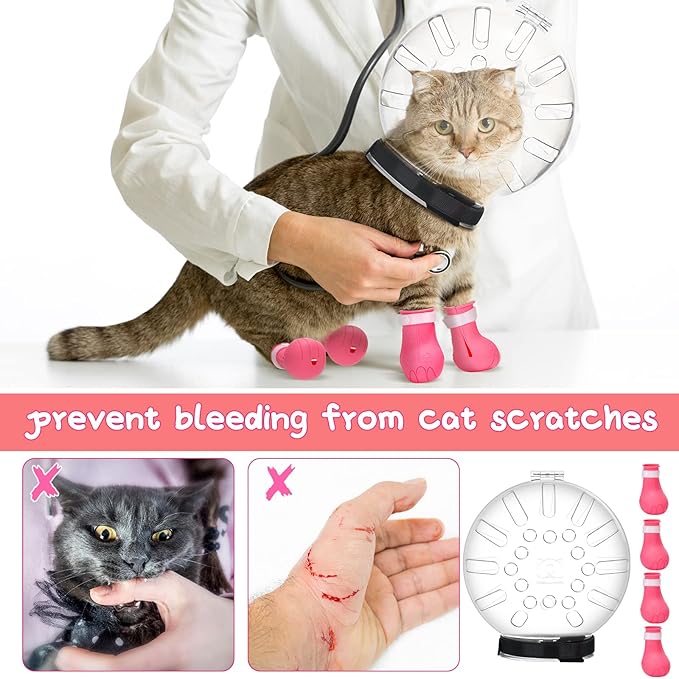 Therwen 8 Pcs Cat Bathing Bag Set Adjustable Pet Shower Net Bag Cat Helmet for Grooming Breathable Muzzle Boots Paw Covers Nail Clipper Nail File Tick Tool Massage Brush Comb Pet Trimming Cleaning