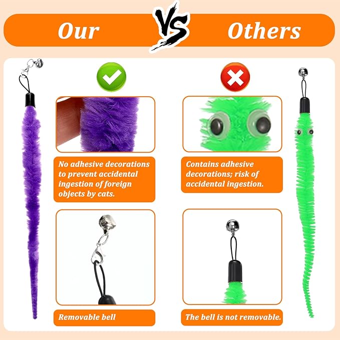 10 Pack Fuzzy Worm Cat Toy, Cat Worm Toy with Bell, Interactive Cats Wand Attachment Toys for Teaser Play and Chase Exercise with Kitten