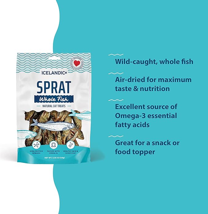 Icelandic+ Whole Fish: Sprat - 0.85oz Bag - Cat Treats, Wild- Caught, 2.5-3" Crunchy Air-Dried Pet Snacks, Single Ingredient, Just Fish-Nothing Else