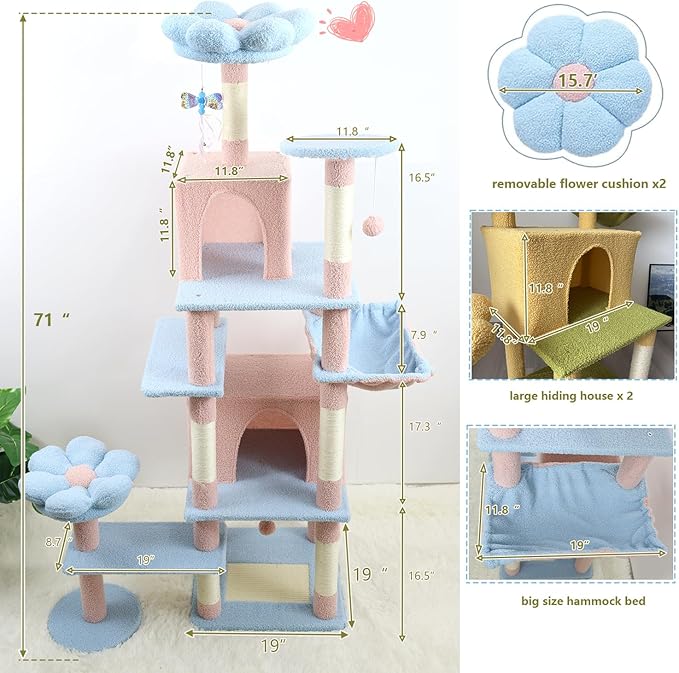 Flower Cat Tree 71 Inches，Large Cat Tower with 2 Detachable Flower Cushions and 2 Hiding Condo, Tall and Big Cat Tree with Hammock Bed, Interactive Toys and Scratching Posts for Indoor Cats (Blue)