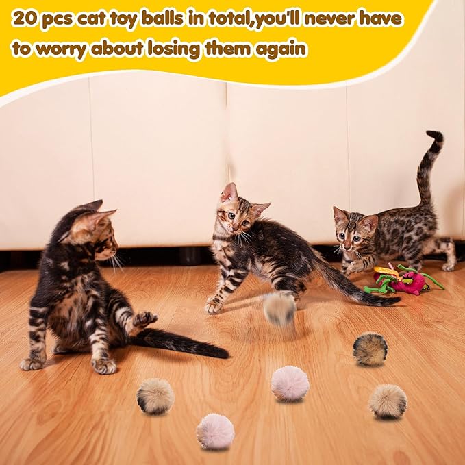 20 PCS Fuzzy Balls for Cats, 1.2 Inch Cat Toy Ball, Soft Fluffy Cat Pom Pom Balls, Artificial Faux Fur Puff Ball for Kitten Interactive Playing Exercising Chasing Indoor