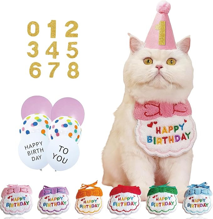 Reusable Cat Birthday Decorations Set - Adjustable Cat Birthday Hat & Bandana with Age Numbers | Kitty Celebration Kit for Memorable Milestones（Pink）
