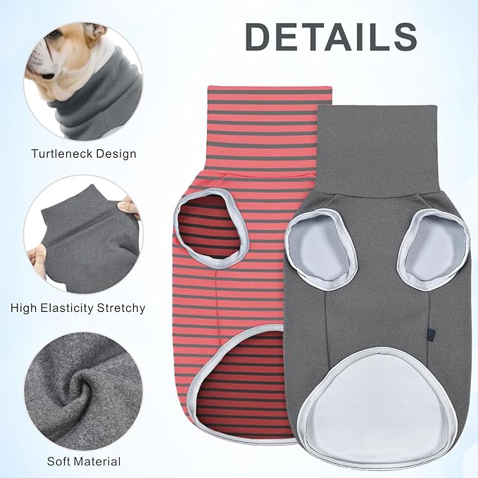 Idepet 2 Pack Striped Dog Sweater, Stretchy Dog Shirt Vest Turtleneck Pet Pullover Puppy Clothes Reflective Sweatshirt Fleece Cat Apparel (Pink Stripe + Grey, Medium)