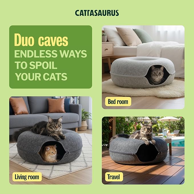 Cattasaurus Peekaboo Cat Cave Duo Jumbo Set, Extra Spacious Cat Donut for Multiple & Large Kitty 15+ lbs, Scratch Detachable Cat Beds for Indoor Cats, Washable Cat Tunnel Bed, Best Kitten Toys