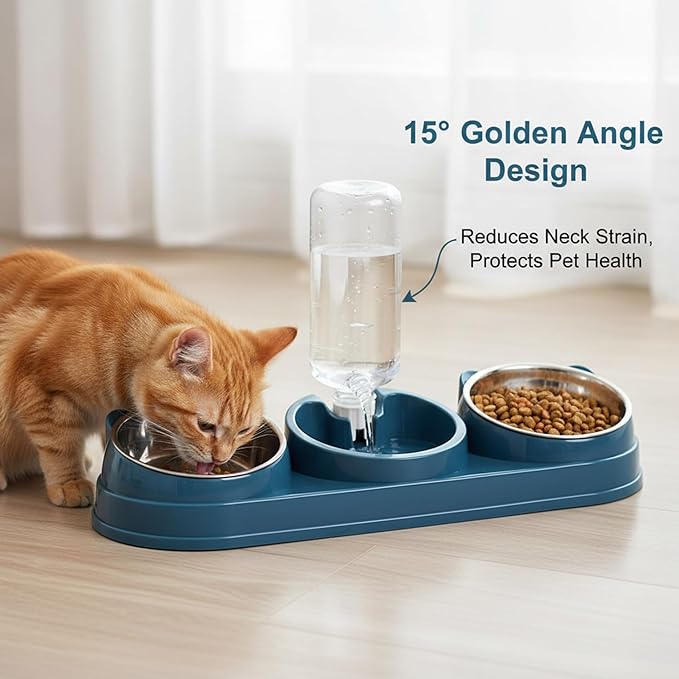 3 Bowl Cat Feeding Station Cat Food and Water Bowl Set, 3 Feeding Station with Automatic Water Dispenser, Elevated Tilted Bowls for Easy Eating, Dark Blue