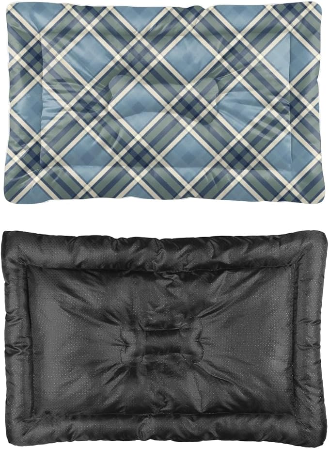 White Green Blue Plaid Crate Bed Non Slip Bottom Washable Pet Mat Cozy Soft Backseat Pet Bed Mat Furniture for Dogs Printed Cat Gift Rectangle Dog 36× 24 Inch Indoor Outdoor
