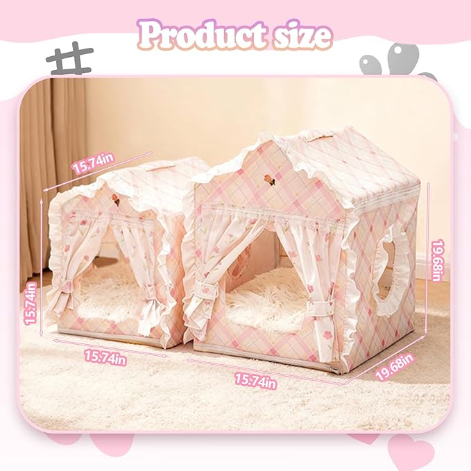 Cat Bed, House for Indoor Cats, Accommodate 11-33 lb Cute Tent Bed with Cover Cave, Breathable, Washable, Foldable Indoor Dog House with Frame, All Season (Pink, L)