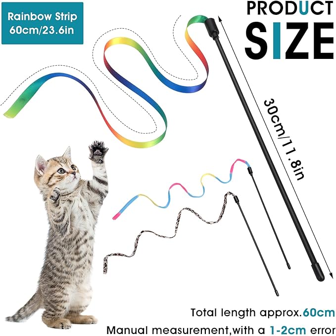 Cobee 6 Pack Cat Wand Toy Set, 30cm Cat Interactive Wand with Rainbow Ribbon String + Leopard Print Cloth String for Kitten Training & Exerciser