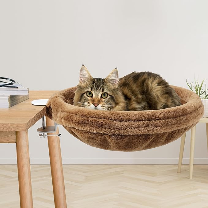 Cat Desk Bed - Soft Faux Fur Fabric, Adjustable Steel Frame, Suitable for Indoor Cats - Perfect Cat Hammock for Desks - Weighing up to 25 lbs, Unique and Modern Cat Furniture