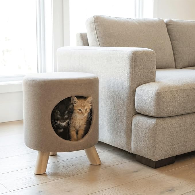 4 Cats & Dogs Wallie Stool – Plush Pet Stool & Bed with Wooden Legs, Cozy Cat Condo Furniture & Pet Nook Hideaway, Multipurpose Stool with Cozy Pads for Cats & Small Dogs, Tan