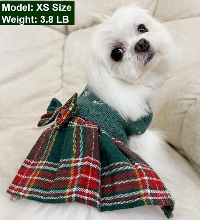 Green Embroidery Snowflake Chihuahua Christmas Sweater, Ugly Holiday Festive Plaid Christmas Dog Sweater Dress for Small Dogs Girl, Cat Outfit Small (S) Back Length 12"