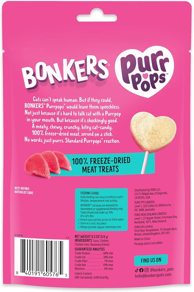 Bonkers Purrpops Freeze-Dried Tuna Flavored Lollipop Treats for Cats, 4 Pack (Pack of 13)