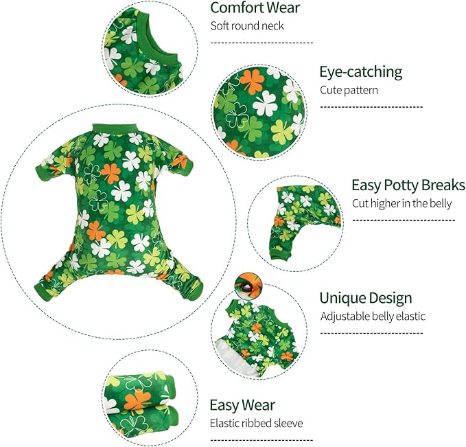 CuteBone Clover St.Patrick's Day Small Dog Pajamas Soft Puppy Pjs Fleece Stretchy Onesie Cat Clothes for Daily Wear P275XS