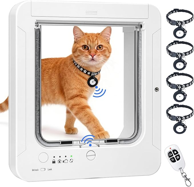 Smart Cat Door with 4 Collar Sensor Key, RFID Cat Door Collar Activated with Remote Control, 4 Way Locking Cat Flap Automatic Pet Door Interior & Exterior(White)