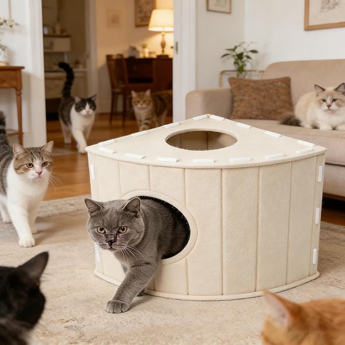 Felt Cat House Gray, Space-Saving Closed Fan-Shaped Corner Design for Wall Corners & Sofa Nooks, with Self-Adhesive Cat Scratching Pad, Warm Cozy Cat Hideaway for Indoor Kittens & Adult Cats (Beige)