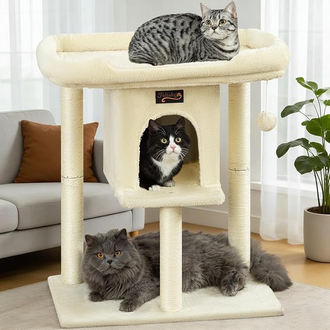 Cat Tree Tower Scratching Post for Indoor Large Cats, Small Cat Tree with Big Perch Bed, 28in Tall Trees House with Condo Cave, Toy Balls, Modern Climbing Furniture Platform for Kitten (Beige)