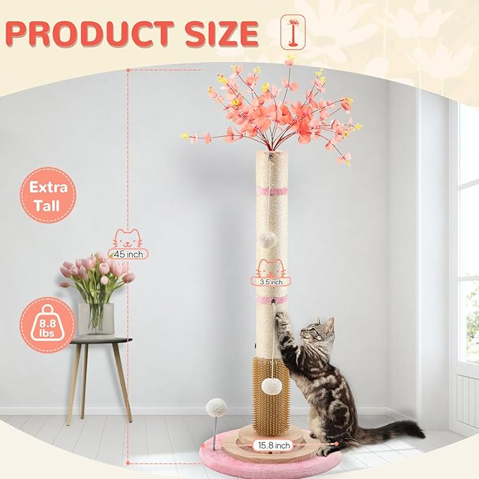 45'' Tall Cat Scratching Post,Heavy Duty for Indoor Large Cats 3.5Inch Diameter Natural Sisal Rope Post,Stable Real Wood Base,Artificial Plant Design Scratcher with Interactive Ball Toy for Home Decor