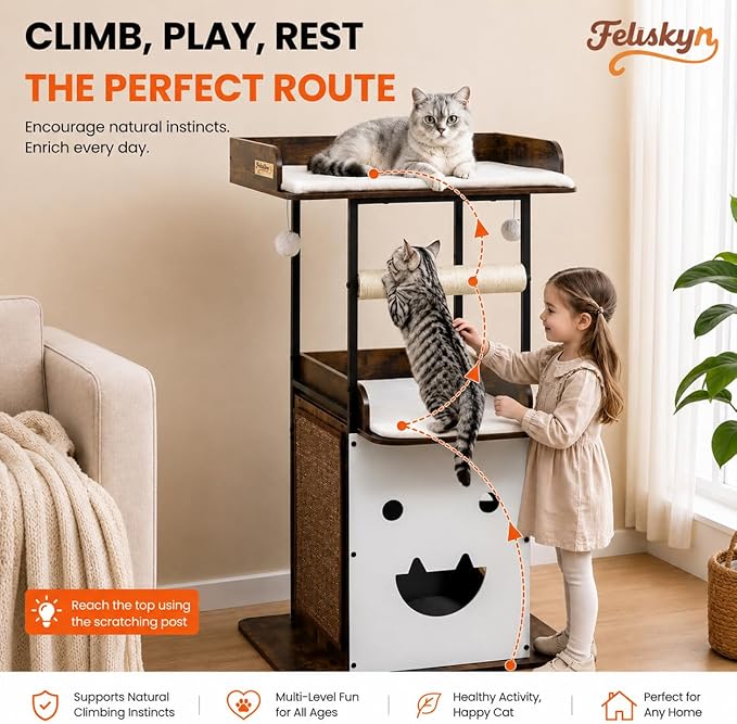 Wood Modern Cat Tree Tower for Indoor Large Cats, 48-Inch Tall Wooden Cat Trees with Big Perch Bed, Multi-Level Condo with Scratching Board Posts, Removable Pads, Cat Furniture, Rustic Brown