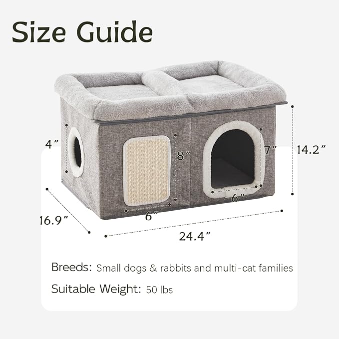 WINDRACING Cat House for Indoor Cats - 24.4" W Extra Wide Cat Bed Cave for Double Small Cats and Foldable with Scratch Pad, Cat Hideaway Condo for Kitten, 24.4x16.9x14.2 Inches, Light Grey