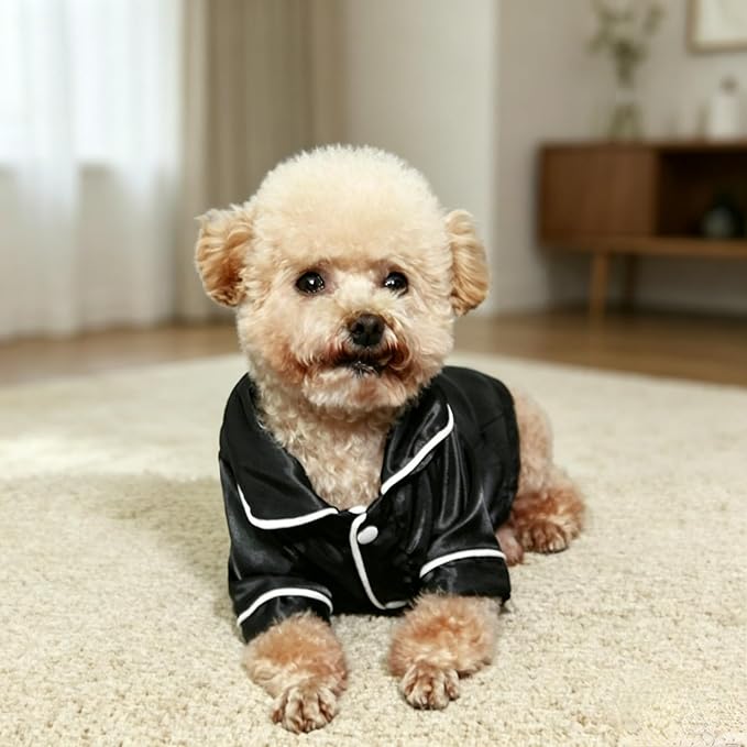 Cat Puppy Costume Elegant Satin Pajamas with Bow Headband 2PCs Set Pet Sleepwear Cute Pet Outfit Cosplay Partywear Photoshoots (Black Set,Large)