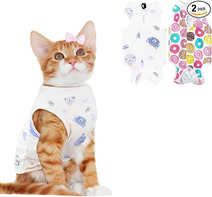2 PCS Cat Recovery Suit for Spay Abdominal Wounds Cat Onesie for Cats After Surgery Recovery Suit Female Breathable E-Collar Alternative Kitten Onesie Anti Licking Small