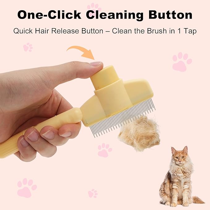 Cat Comb, Pet Hair Removal, Flea Exit, Grooming Brush with Release Button, De-Shedding Brush for Short and Long Hair Yellow