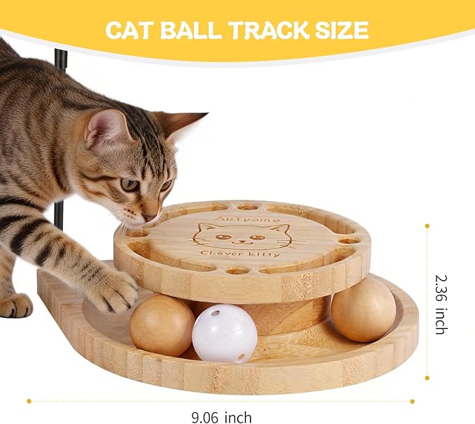Interactive Cat Toy for Bored Cats - Feather Wand & Track Ball, 15 Replacement Heads, 2 Wooden Balls & 1 Bell Ball, Anti-Slip Base, Easy Assembly Cat Teaser for Kittens & Adult Cats